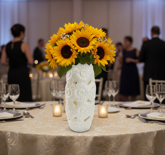 Ivory Porcelain 15' Centerpiece Vase W/ Embossed Daisy Decor  #DC2652