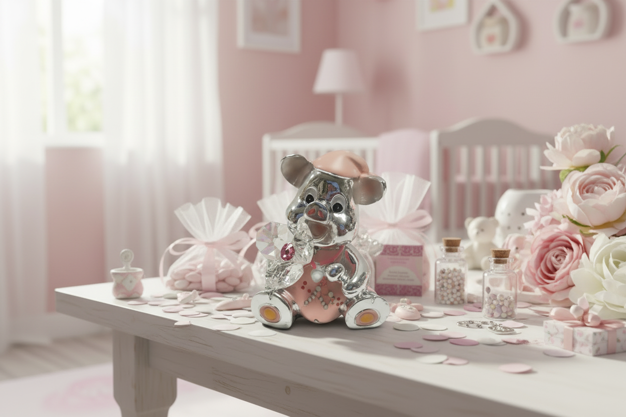 Pink Baby Pig Silver w. Crystal Flower Childrens Party Favor #12612