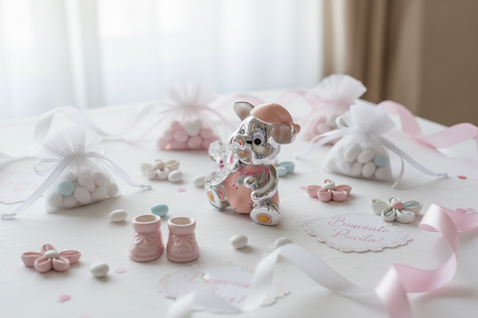 Pink Baby Pig Silver w. Crystal Flower Childrens Party Favor #12612