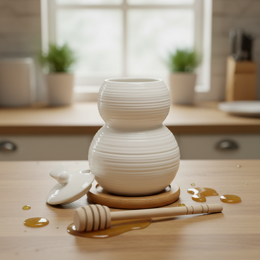 Debora Carlucci White Porcelain Honey Jar and Dripper On a Bamboo Base SD4559
