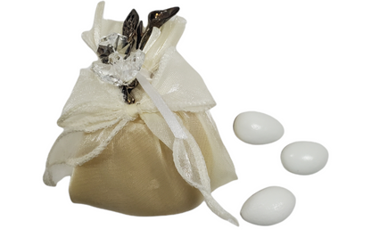 PO974 Satin Ivory Confetti Pouch w. Swarovski Crystal Flower Pendant and  Pewter Silver Stem