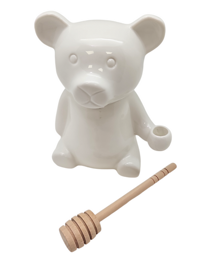 Sogno D' Oro  White Porcelain Teddy Bear Honey Jar and Dripper SD074088