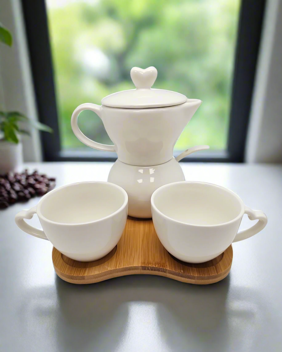 Sogno D' Oro White Porcelain Sugar And Creamer - with 2 Espresso Cups Set On Bamboo Tray #SD191081