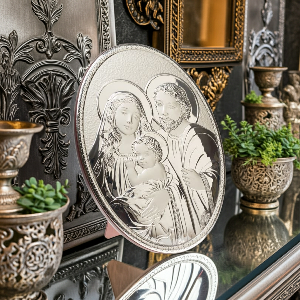 Sacra Famiglia Italiana 925 Argento Argento Targa Religiosa Ovale 13 x 18 #1997