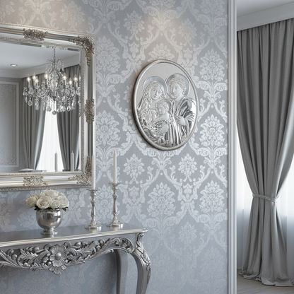 Sacra Famiglia Italiana 925 Argento Argento Targa Religiosa Ovale 13 x 18 #1997