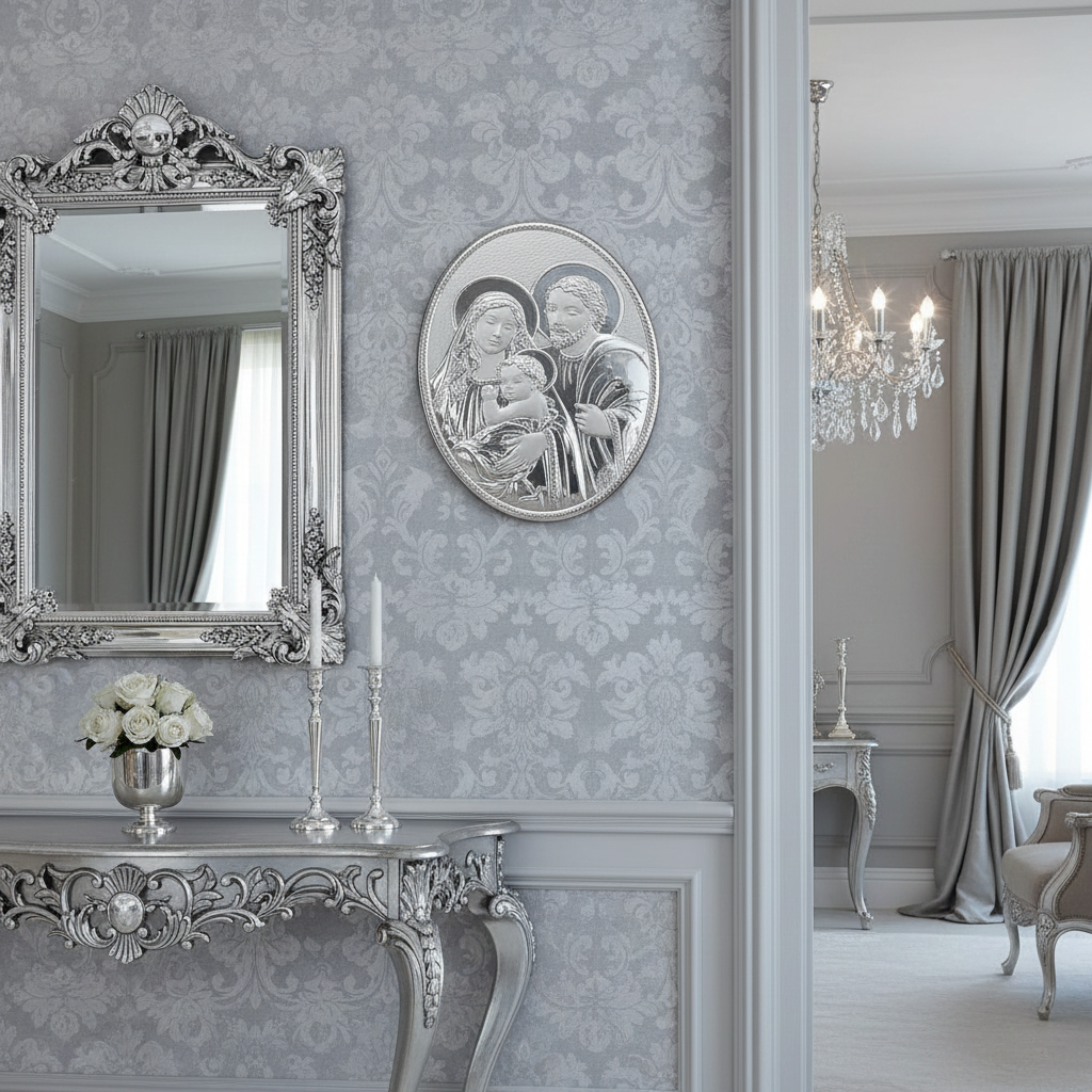 Sacra Famiglia Italiana 925 Argento Argento Targa Religiosa Ovale 13 x 18 #1997