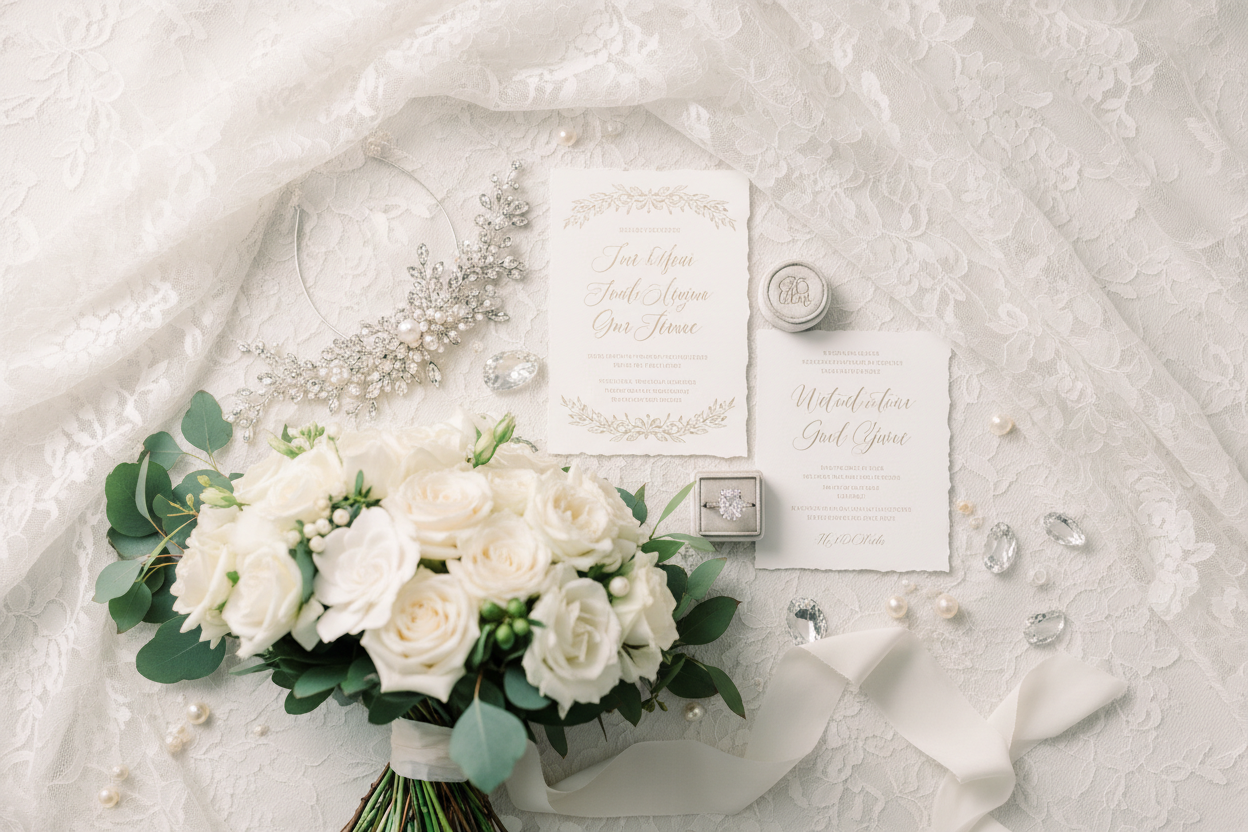Bridal Flatlay with Invite, Ring, Headpiece, Bouquet and Crystals