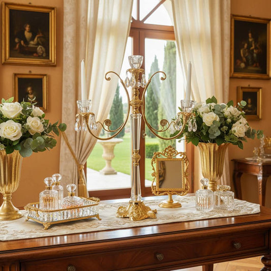 Plata 925 italiana c. Candelabro de 3 brazos chapado en oro de 18 quilates Centro de mesa #20755