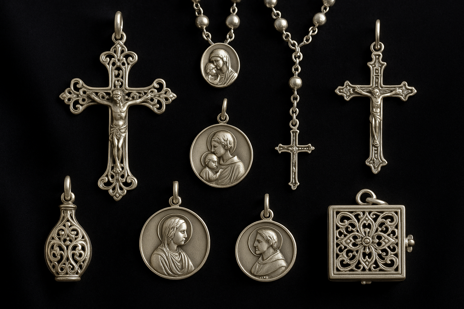 Elegant religious 925 sterling silver Italian pieces displayed on dark velvet, including ornate crucifixes, rosary beads, Madonna medallions, and prayer boxes with intricate craftsmanship and fine detailing