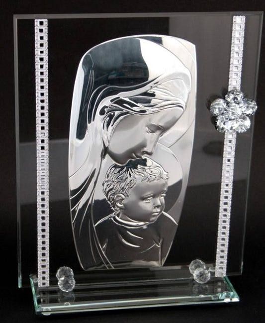 Italian 925 Silver Argento Madonna w. Child Icon w. Swarovski Crystal Flower #19873
