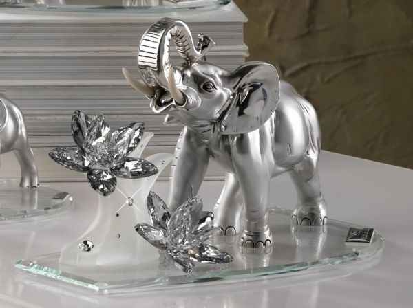 Figura de elefante de plata 925 italiana w. Swarovski en base de vidrio #20111 