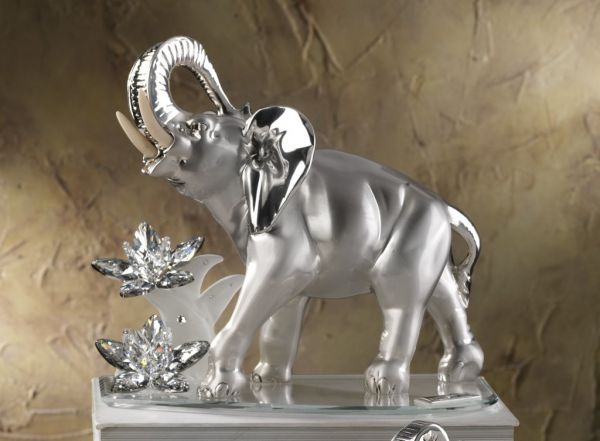 Italian 925 Silver Elephant Figurine w. Swarovski On Glass Base #20111