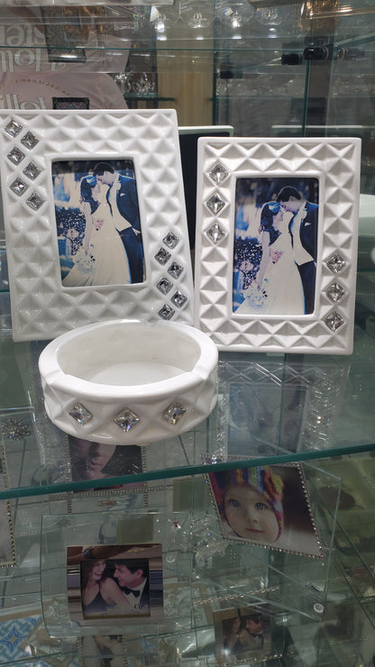 Cornice Portafoto Bianca Bone China c. Cristallo Swarovski #130235 