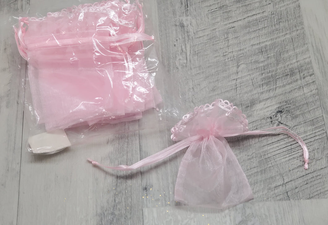 Ivory, Blue or Pink 3x4 Organza Bags with lace detail 12pc per bag #61210