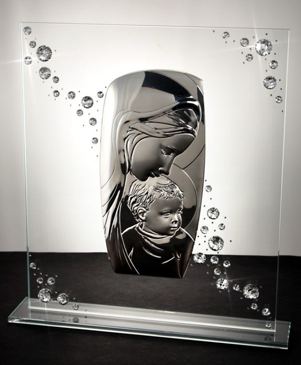 Italian 925 Silver Madonna w. Child Icon w. Swarovski Raining Crystals On Glass Base #20941