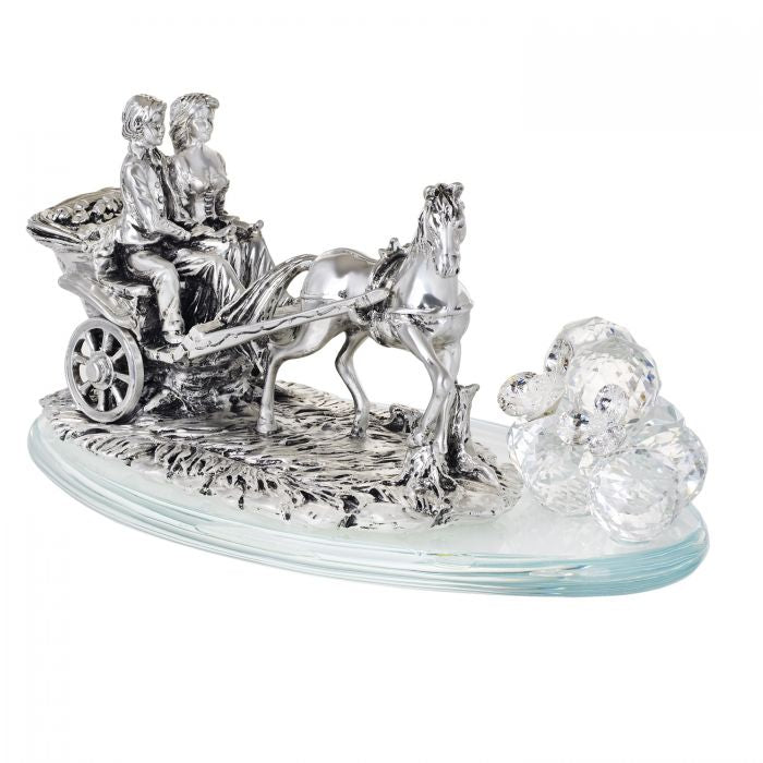 Statuetta di cavallo e carrozza con argento 925 italiano argento con cristallo Swarovski #2616