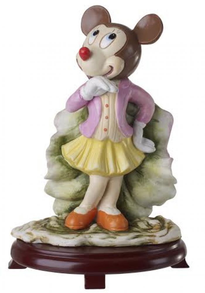 Statuetta in ceramica di Minnie Mouse su centrotavola in legno di ciliegio # 9D7388