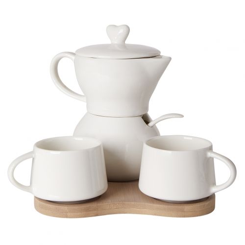 Debora Carlucci White Porcelain Sugar And Creamer - with Espresso Cups Set On Bamboo Tray #DC4557-G