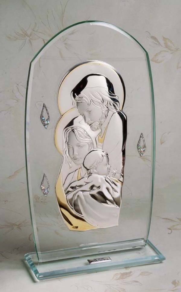Italian 925 Argento Silver Holy Family w. 18kt Gold Plated Accents On Thick Glass Base #18978