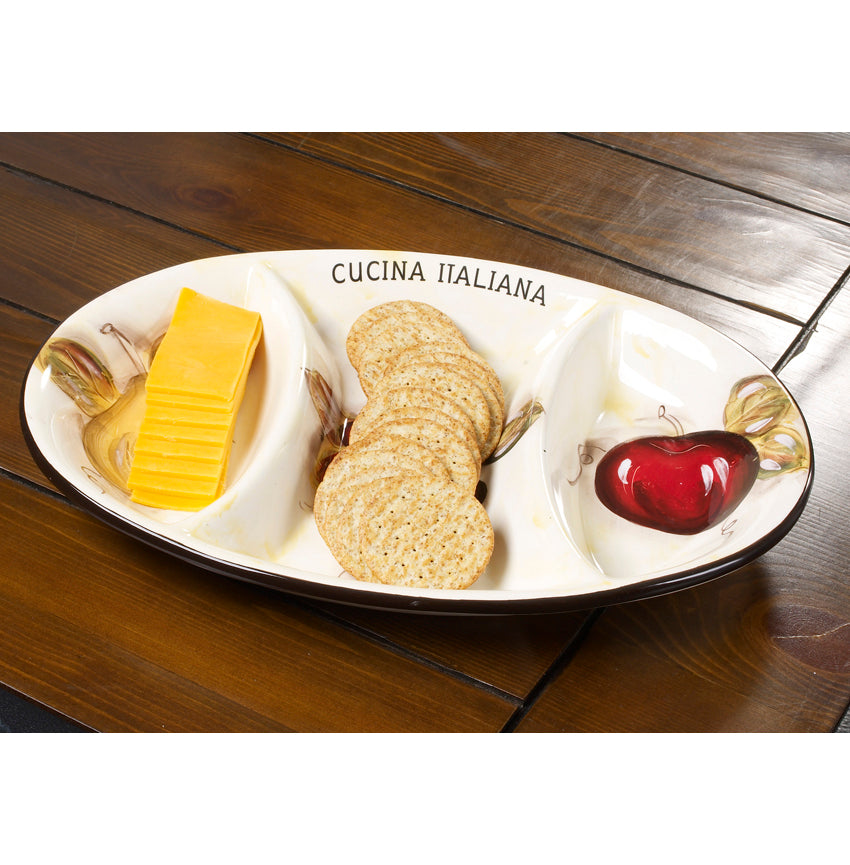 Cucina Italiana Ceramic 3 Section Appetizer Oval Serving Tray in White  #0041-W