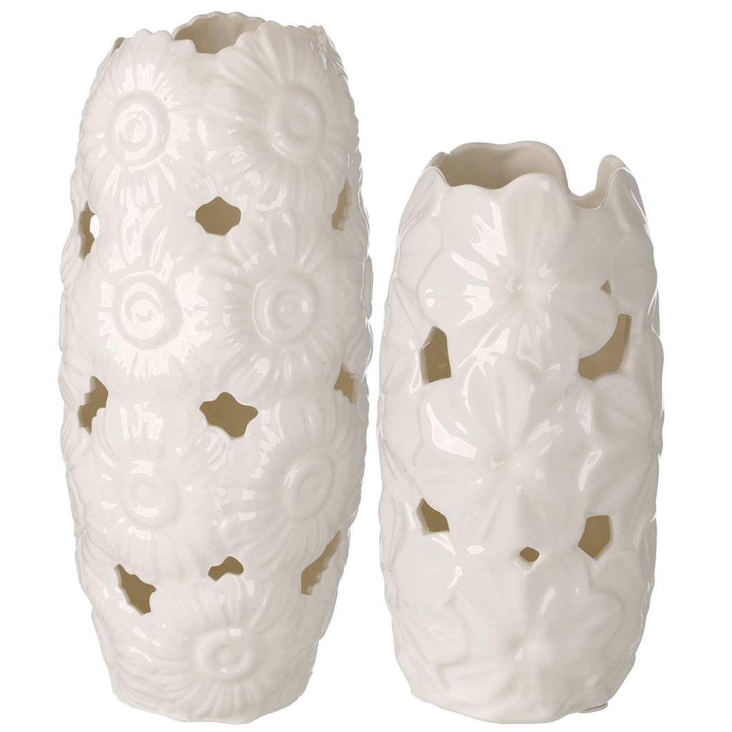 Ivory Porcelain 15' Centerpiece Vase W/ Embossed Daisy Decor  #DC2652