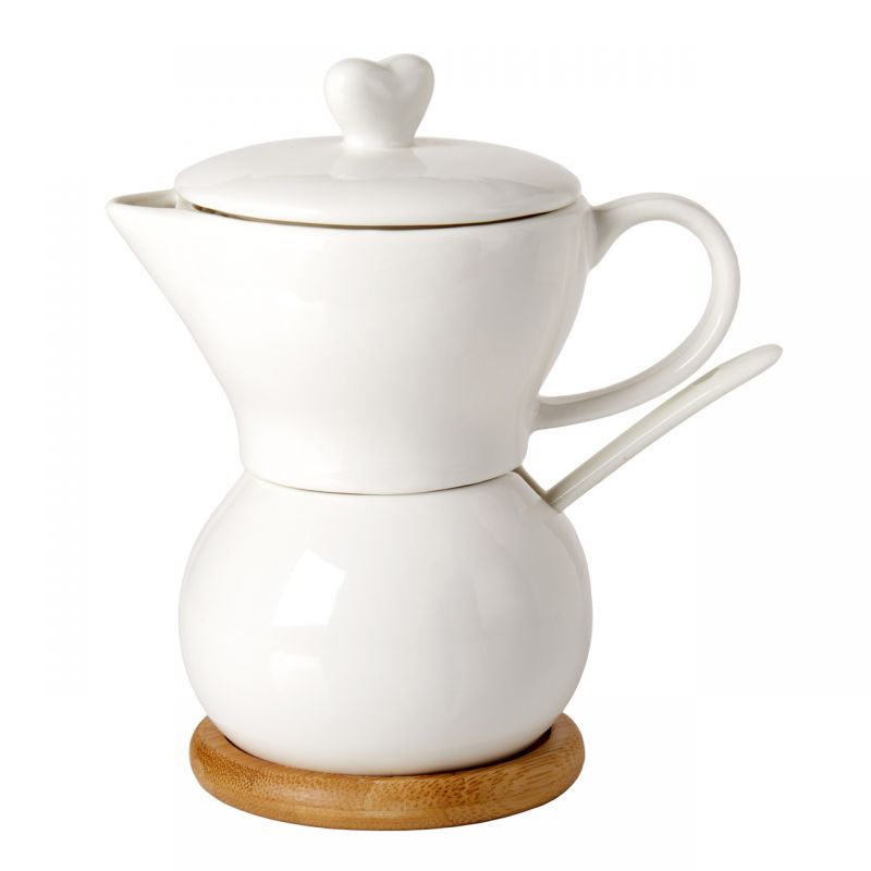 Debora Carlucci White Porcelain Creamer and Sugar Holder in One with Spoon on Wood Base #4557