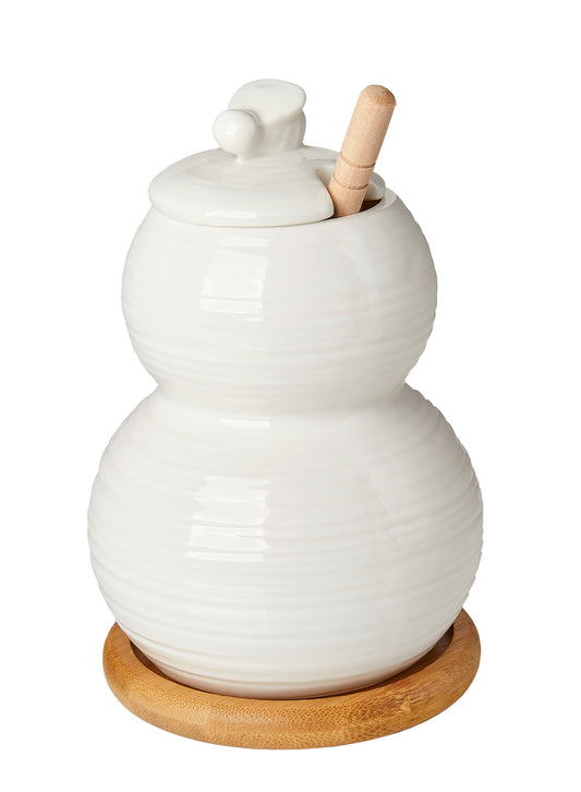 Debora Carlucci Tarro de Miel de Porcelana Blanca y Goteador Sobre Base de Bambú DC4559