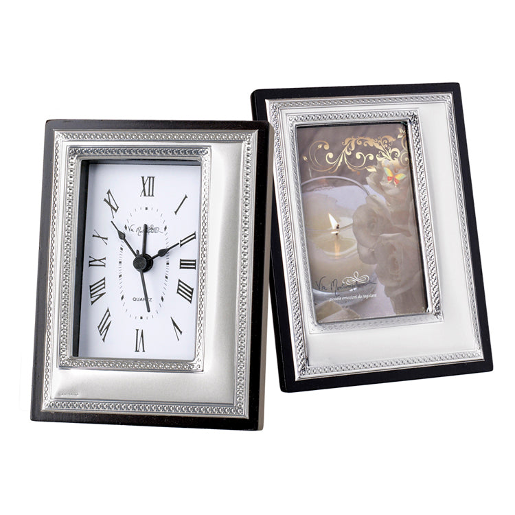 Reloj de mesa italiano de plata 925 de madera Argento o marco de fotos #923C