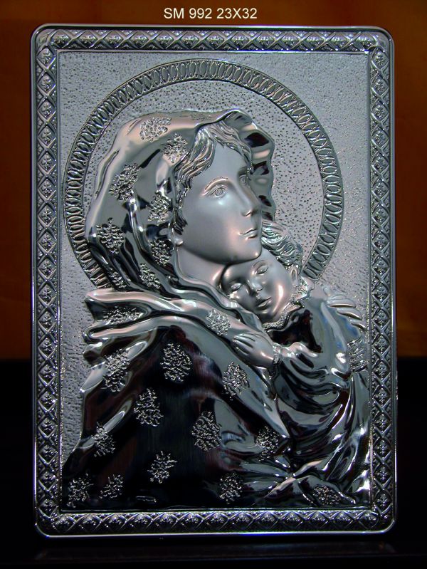 Madre con Niño Italiano 925 Plata Argento Placa Icono #992
