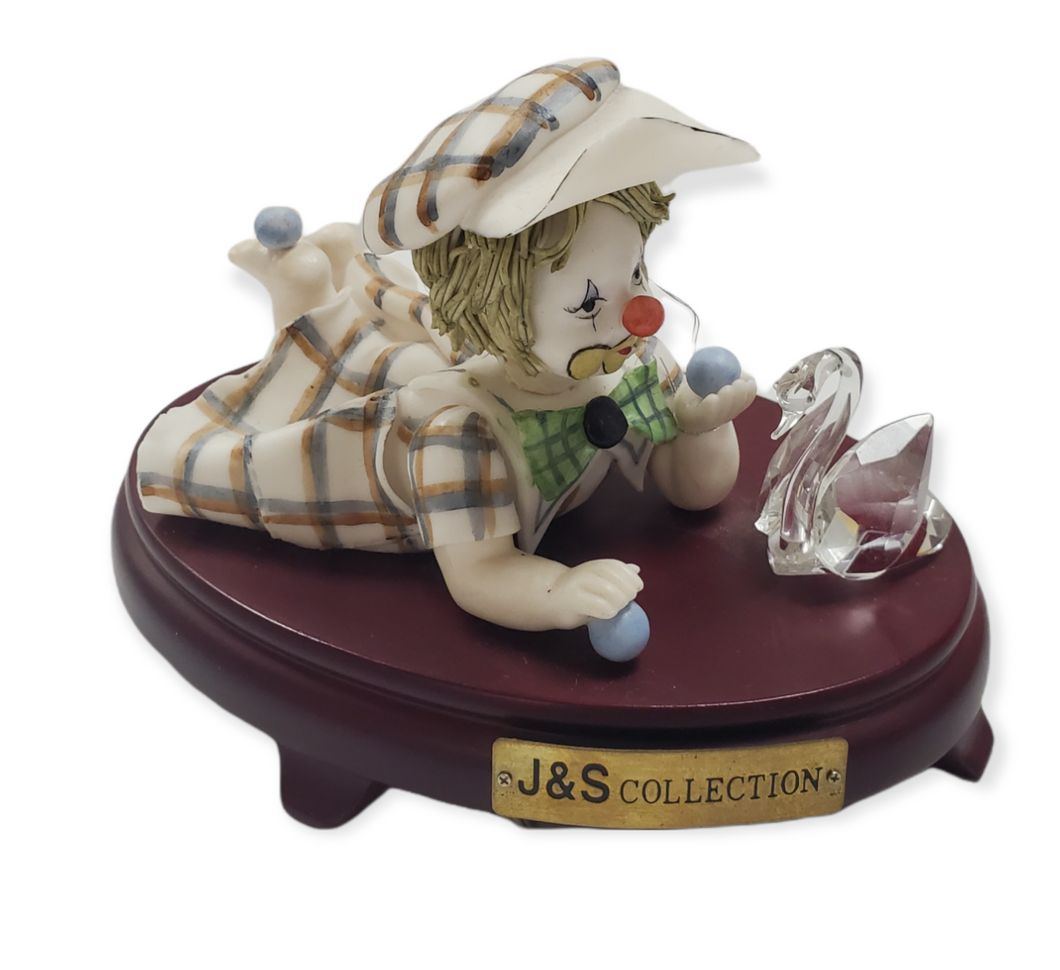 Assorted Porcelain Baby Clown W/ Crystal Teddy Bear on Cherry Wood Figurines # D960