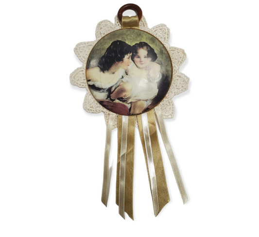 Placa de pared de porcelana Recuerdos de fiesta de dos hermanas jóvenes con borde de encaje #4L054