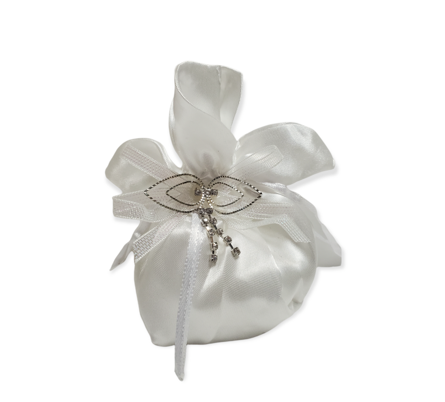 PO1102 Satin White Confetti Pouch w. Rhinestone Pendant 12pcs P/bag