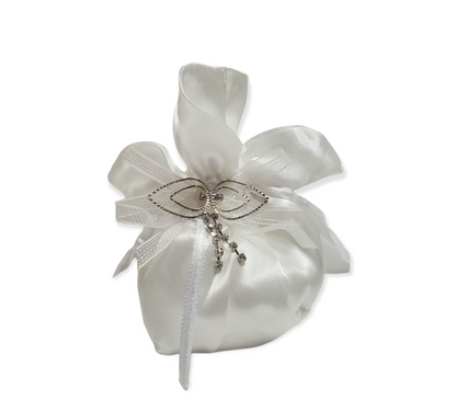 PO1102 Satin White Confetti Pouch w. Rhinestone Pendant 12pcs P/bag
