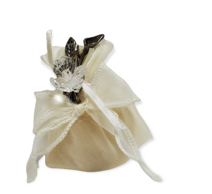 PO974 Satin Ivory Confetti Pouch w. Swarovski Crystal Flower Pendant and  Pewter Silver Stem