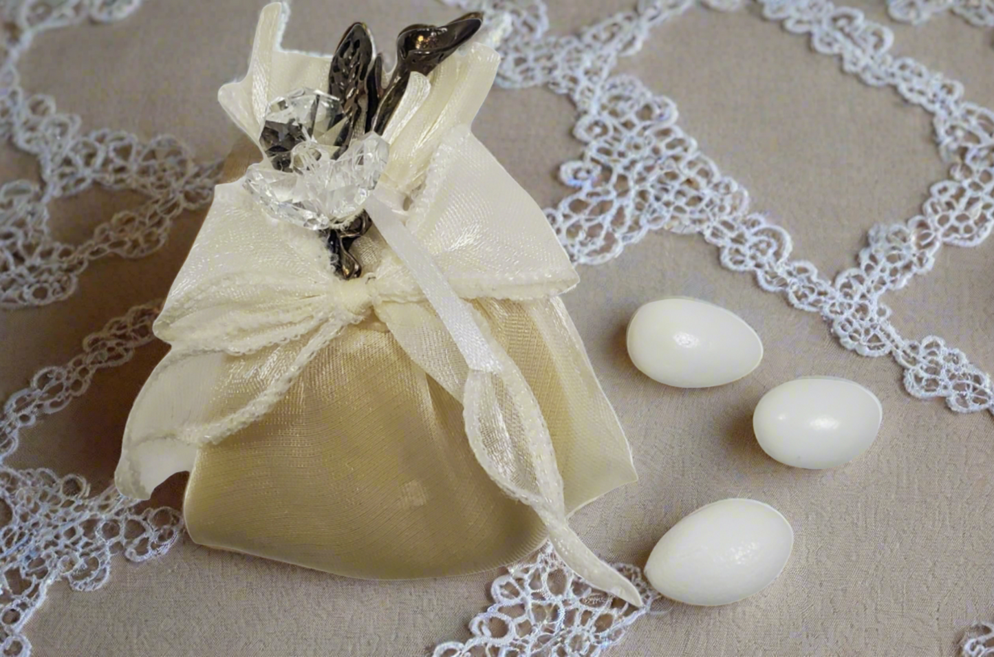 PO974 Satin Ivory Confetti Pouch w. Swarovski Crystal Flower Pendant and  Pewter Silver Stem