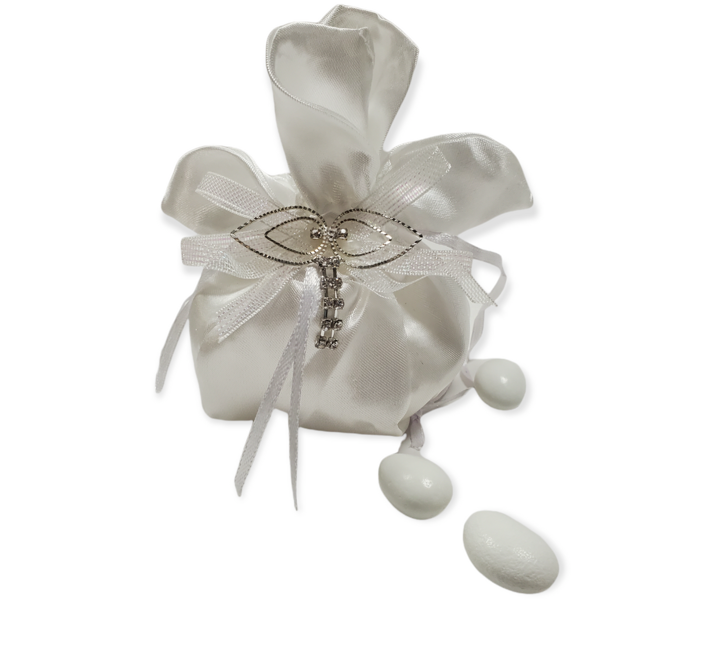 PO1102 Satin White Confetti Pouch w. Rhinestone Pendant 12pcs P/bag