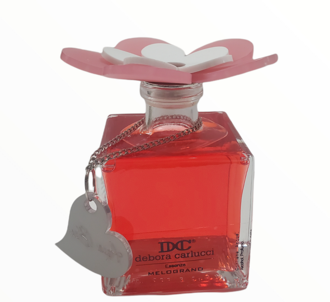 Debora Carlucci Renoir Collection Red Large Square Diffuser Melograno Pomegranate Scent Bottle w/ Vibrant Flower Top 7 oz.  #DC5807