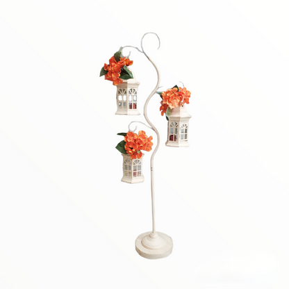 Soporte de metal con pieza central de tres linternas #34054